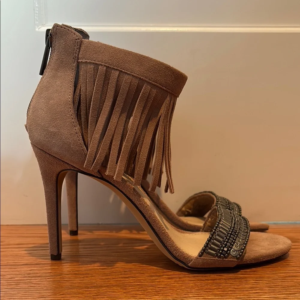 Vince Camuto Taupe Suede Fringe Beaded Open-Toe Heels